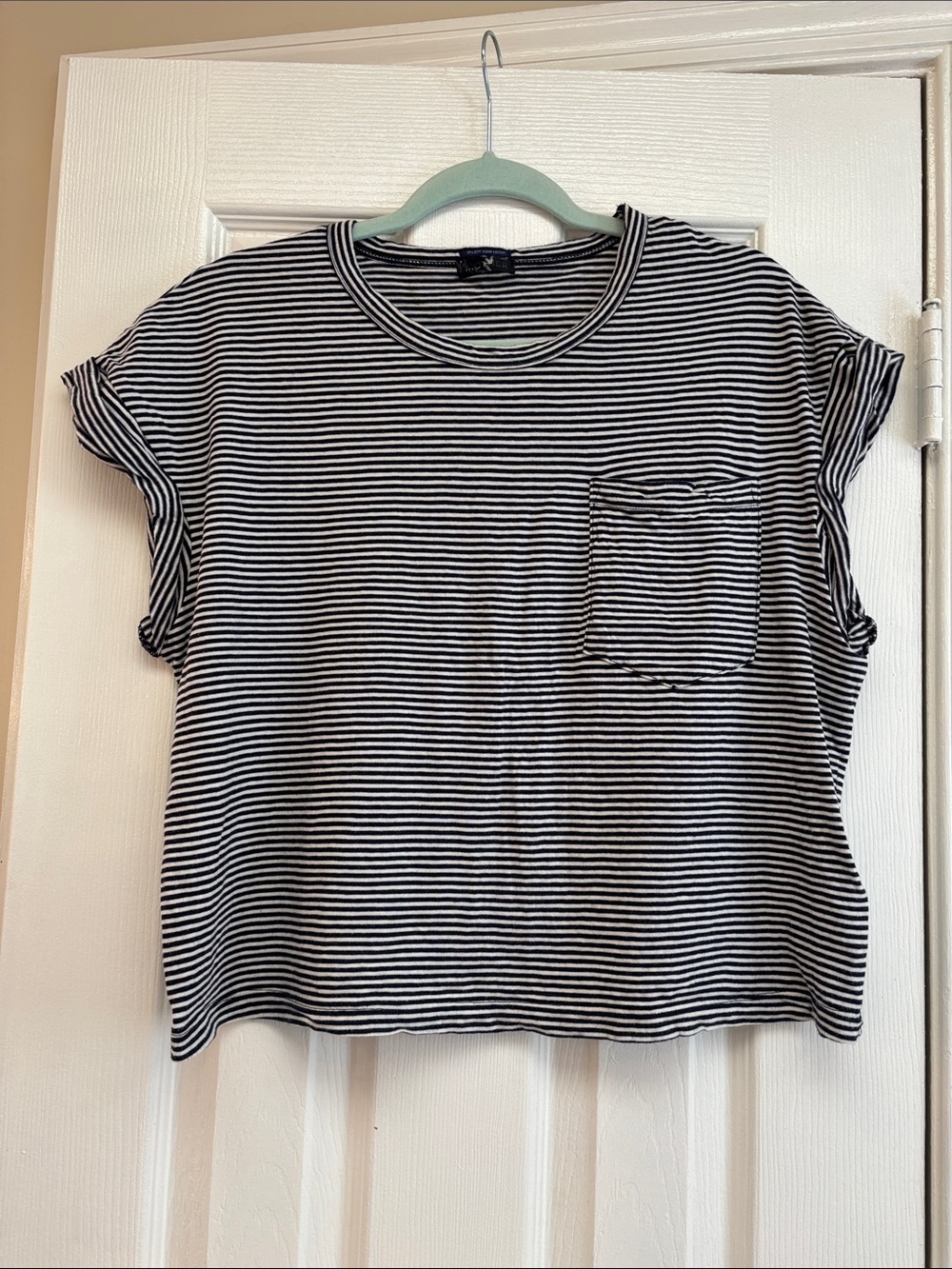 MOTHER Black & White Striped Short Sleeve Pocket Tee